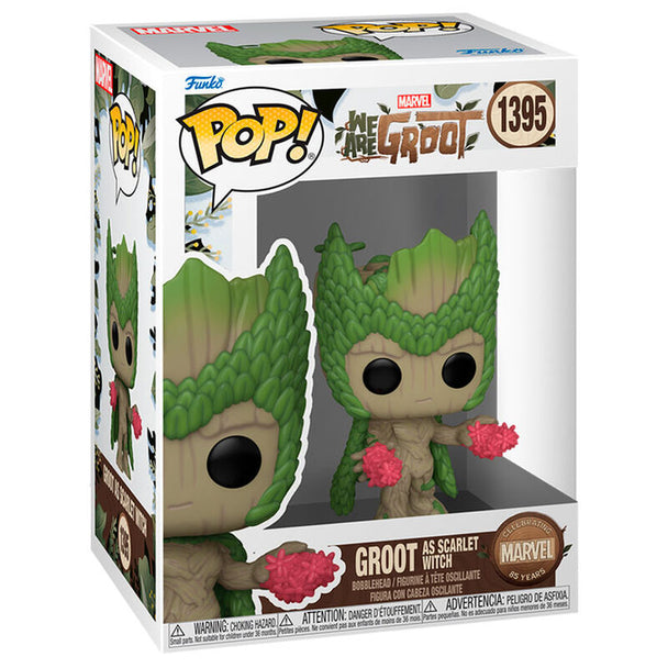 Figurine Funko POP Groot en costume de Sorcière Rouge de la collection Marvel We Are Groot, vue de face dans sa boîte cadeau