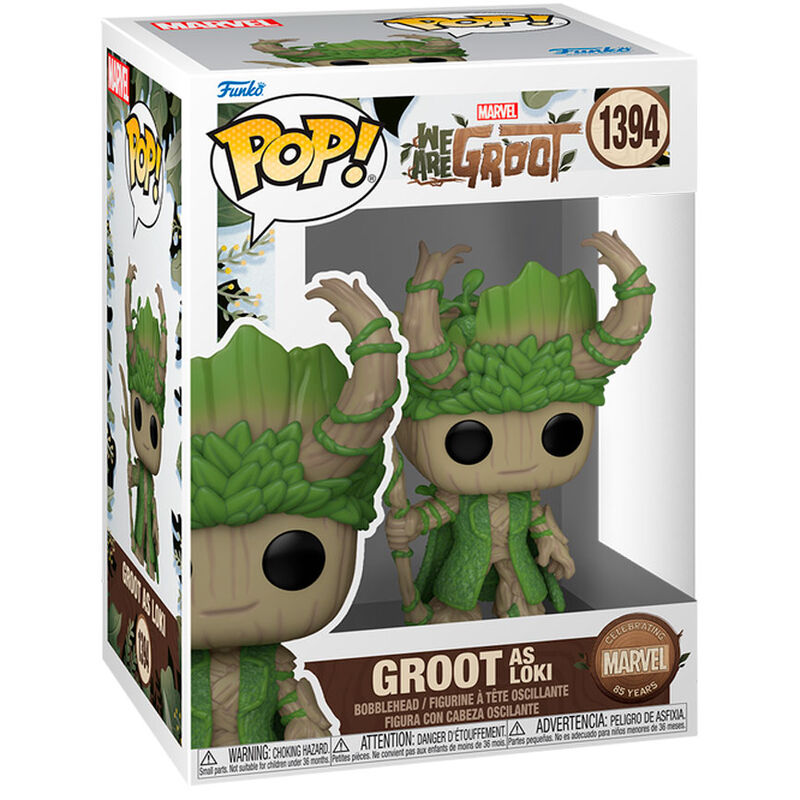 Figurine Funko POP Marvel Groot déguisé en Loki, en vinyle, hauteur 9 cm, présentée dans sa boîte cadeau