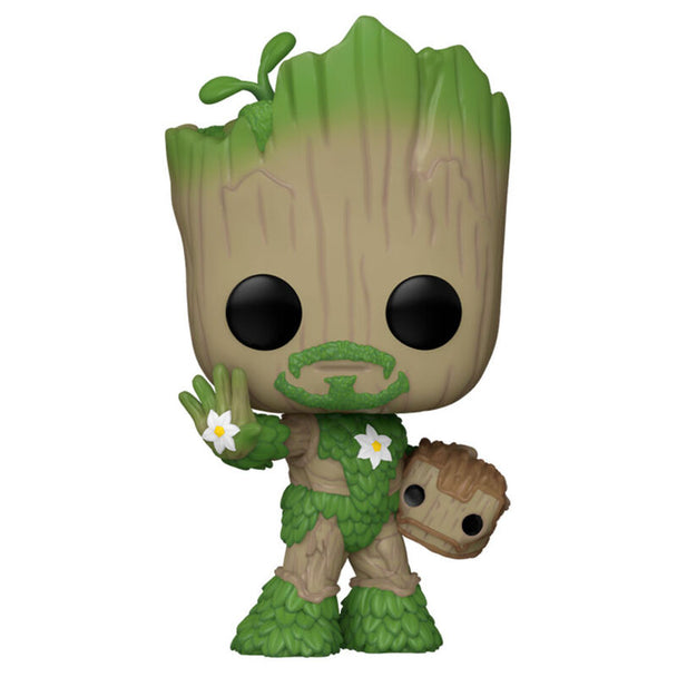 Vue rapprochée de la figurine Funko POP Groot en Iron Man avec détails du vinyle et packaging