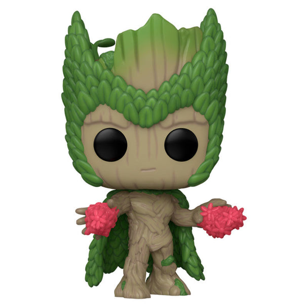 Vue rapprochée de la figurine Funko POP Groot en Sorcière Rouge, montrant les détails du vinyle et les couleurs vives