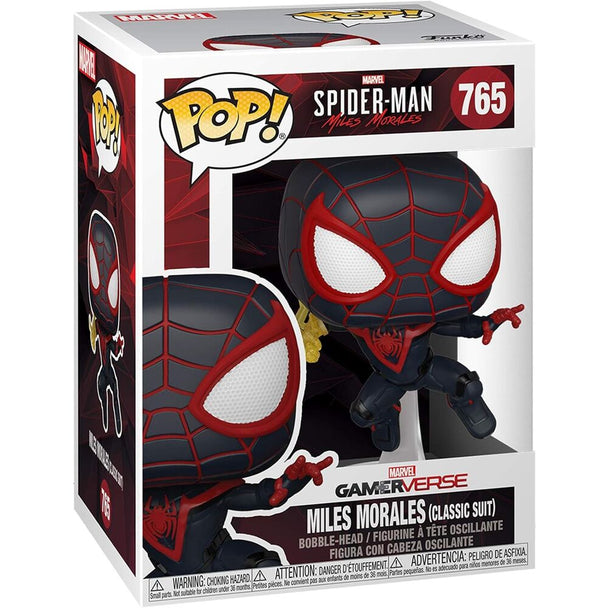Zoom sur la figurine vinyl 9cm de Spiderman Miles Morales avec détails du costume et boîte collector Funko POP