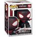 Zoom sur la figurine vinyl 9cm de Spiderman Miles Morales avec détails du costume et boîte collector Funko POP