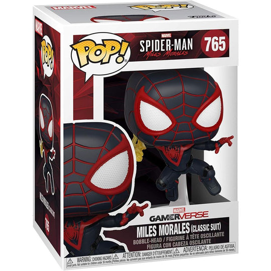 Figurine Funko POP Spiderman Miles Morales Classic Suit posée sur fond blanc montrant les couleurs vives