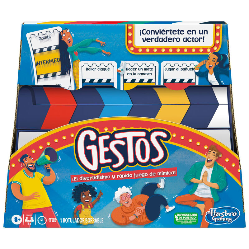 Boîte du jeu de gestes espagnols HASBRO avec design coloré et instructions visibles