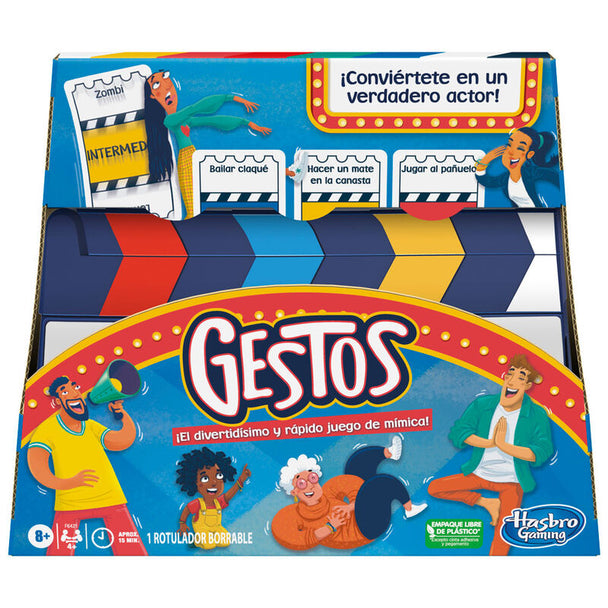 Boîte du jeu de gestes espagnols HASBRO avec design coloré et instructions visibles