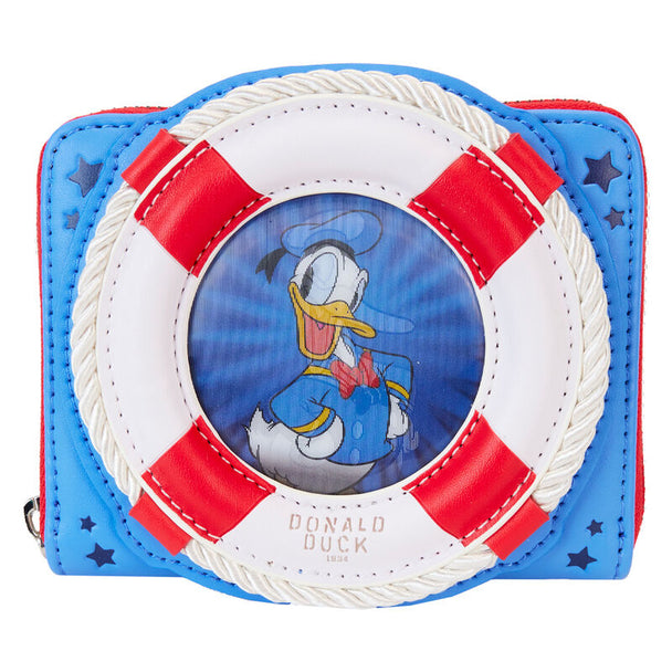 Portefeuille Loungefly Donald Duck 90e anniversaire vue avant avec zip argenté et détails imprimés