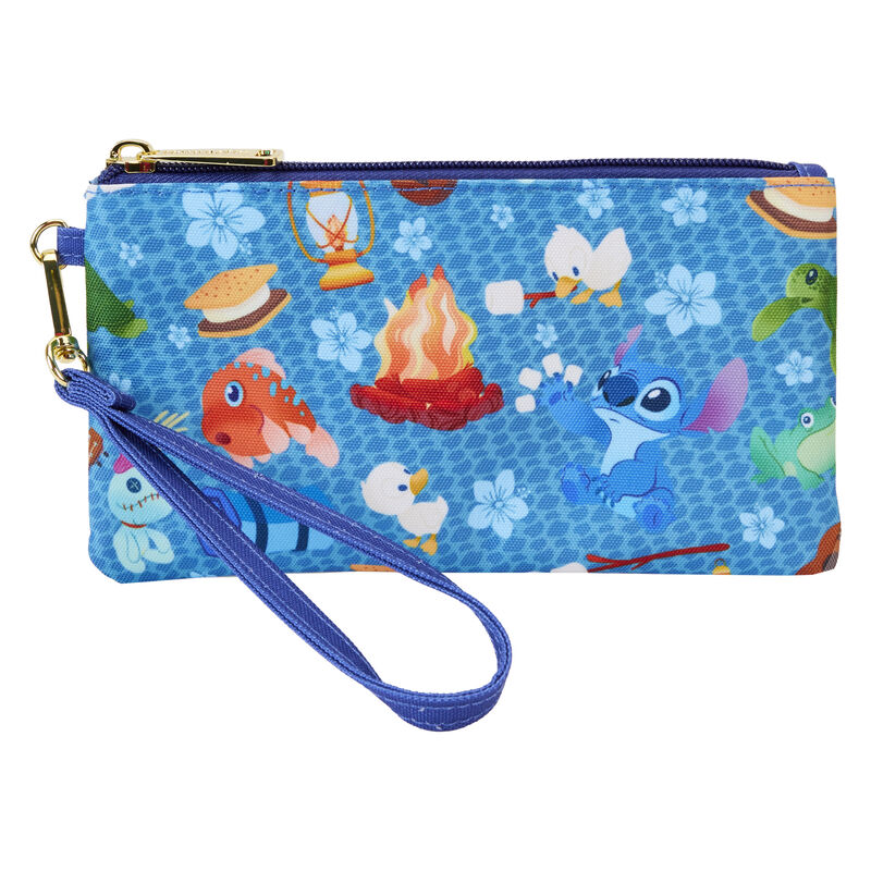 Portefeuille Loungefly Stitch Camping Cuties en nylon avec fermeture éclair et bracelet détachable, vue avant.
