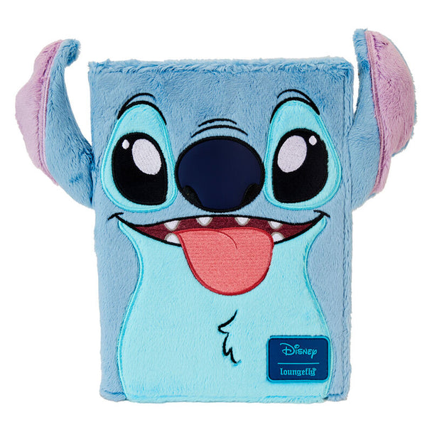 Carnet peluche Loungefly Disney Stitch vu de face avec détails brodés et appliqués sur fond blanc