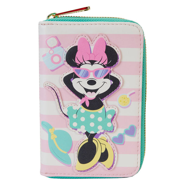 Portefeuille Loungefly Minnie Mouse style vacances fermé avec fermeture éclair dorée et détails appliqués colorés