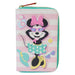 Portefeuille Loungefly Minnie Mouse style vacances fermé avec fermeture éclair dorée et détails appliqués colorés