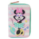 Portefeuille Loungefly Minnie Mouse style vacances fermé avec fermeture éclair dorée et détails appliqués colorés