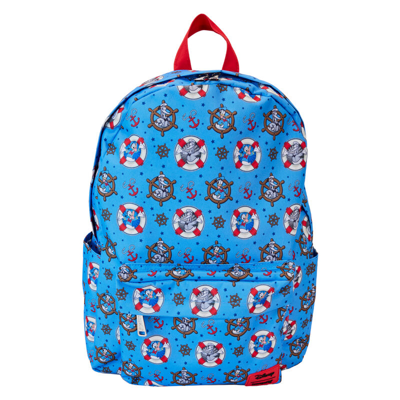Vue de face du sac à dos Loungefly Donald Duck 90e anniversaire en nylon avec détails argentés