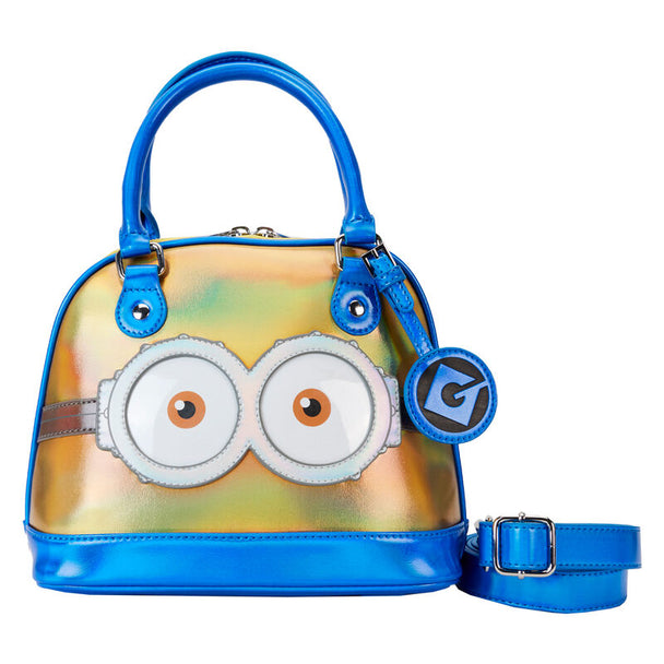 Vue avant du sac bandoulière Loungefly Minions Despicable Me en cuir vegan avec détails colorés