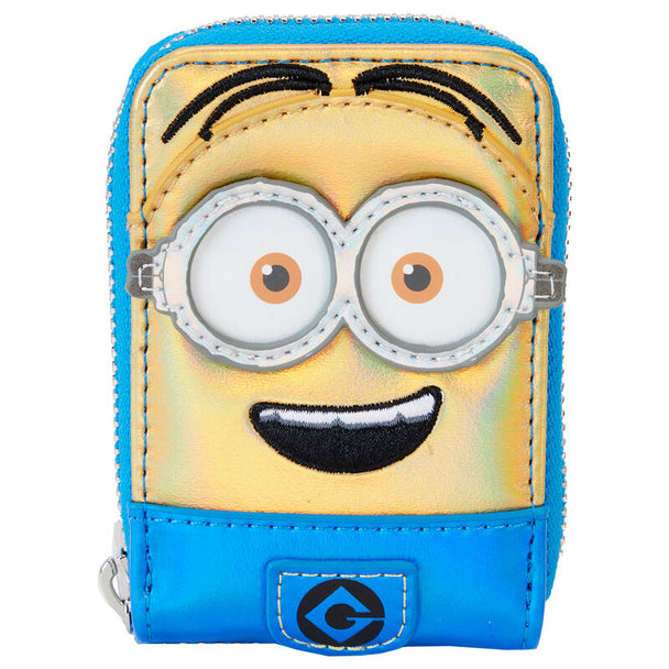 Vue avant du portefeuille Loungefly Minions en cuir vegan avec broderies colorées et appliqués irisés