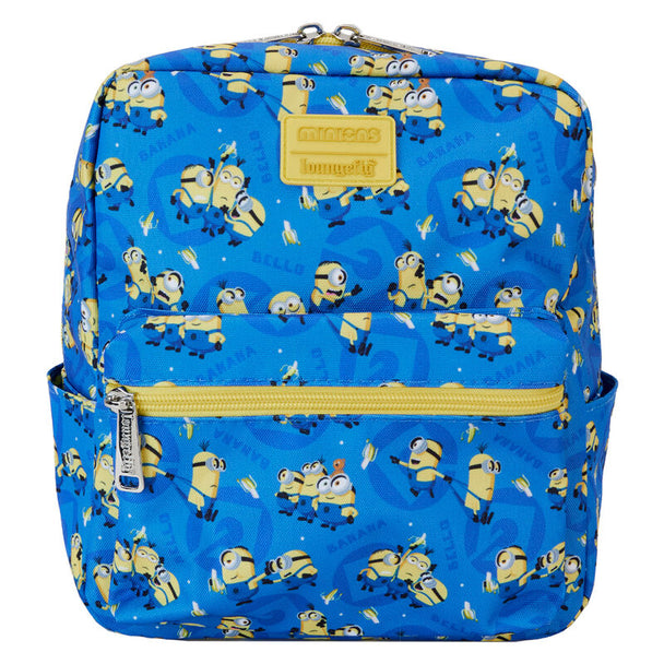 Sac à dos Loungefly Minions Despicable Me en nylon vue de face avec détails imprimés colorés