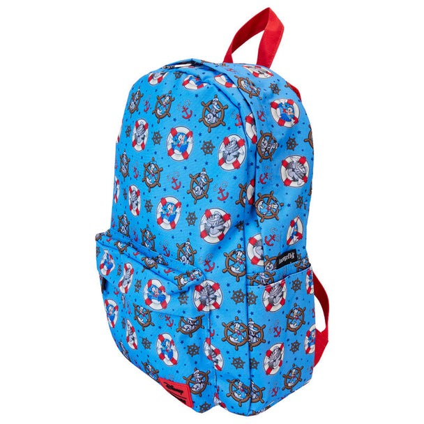 Gros plan sur les finitions en métal argenté brillant du sac à dos Loungefly Donald Duck