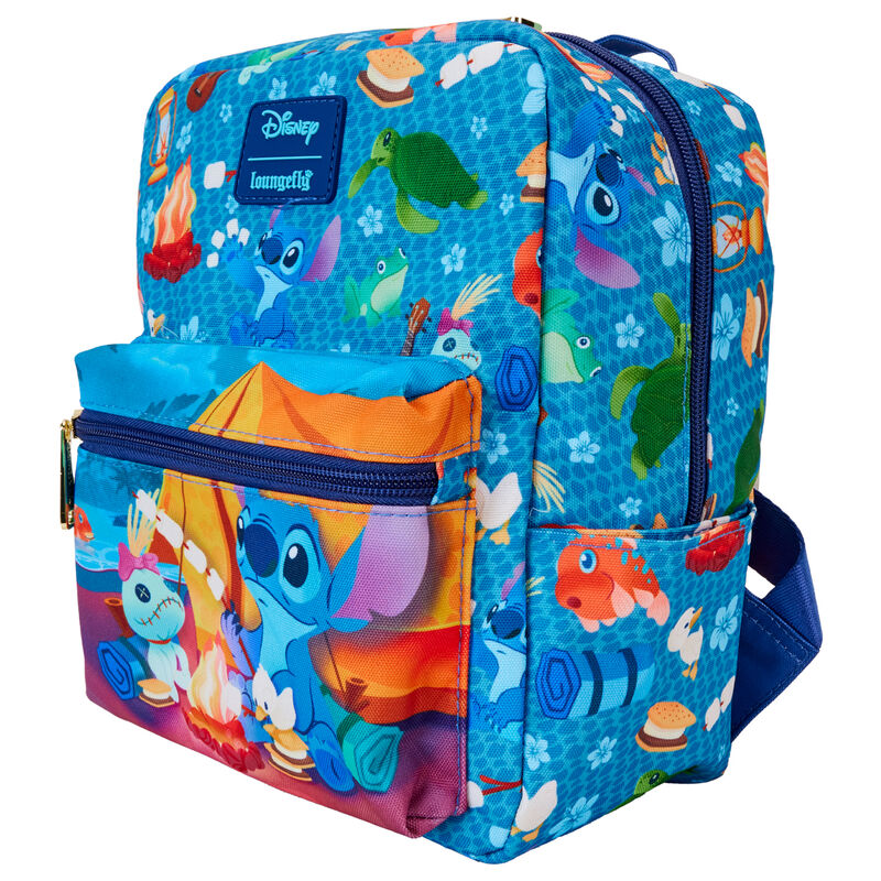 Vue de face du sac à dos Loungefly Disney Stitch 24 cm avec bretelles ajustables et détails dorés