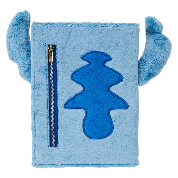 Vue latérale du carnet Stitch Loungefly montrant la poche zippée et le similicuir vegan doré