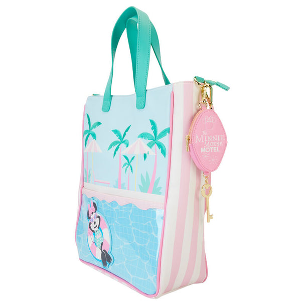 Vue de face du sac Minnie Mouse avec poignées supérieures et bandoulière détachable réglable