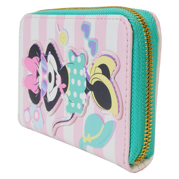 Vue intérieure du portefeuille Minnie Mouse avec doublure coordonnée et fenêtre d'identification en forme de palmier
