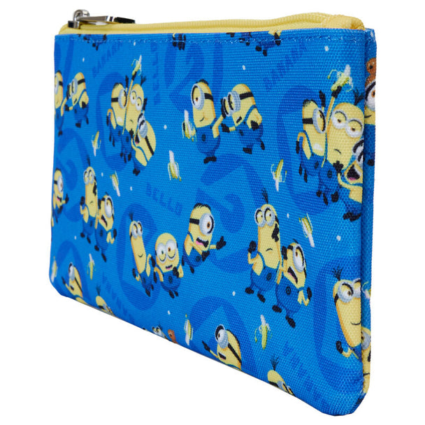 Détail de la fermeture éclair en métal argenté du portefeuille Loungefly Minions avec motifs imprimés