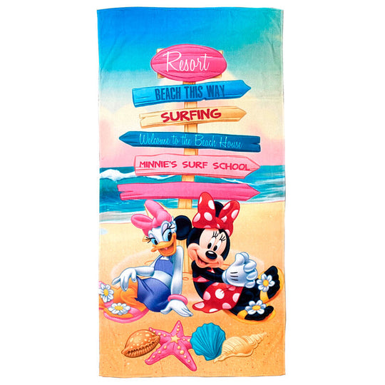 Serviette de plage Disney Minnie Mouse en coton blanc et rouge, dimensions 70x140 cm, idéale pour les enfants et fans de Disney.