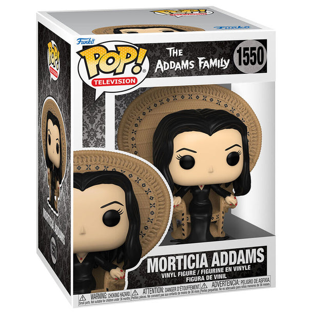 Figurine Funko POP Deluxe Morticia Addams de 9 cm en vinyle, présentant son style gothique emblématique dans une boîte cadeau.