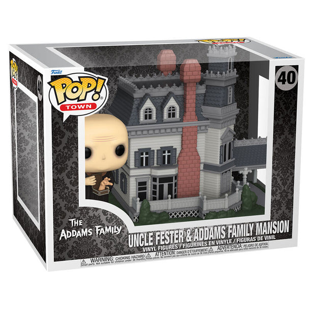 Figurine POP FUNKO Town représentant Uncle Fester de la famille Addams avec son costume caractéristique et son sourire malicieux