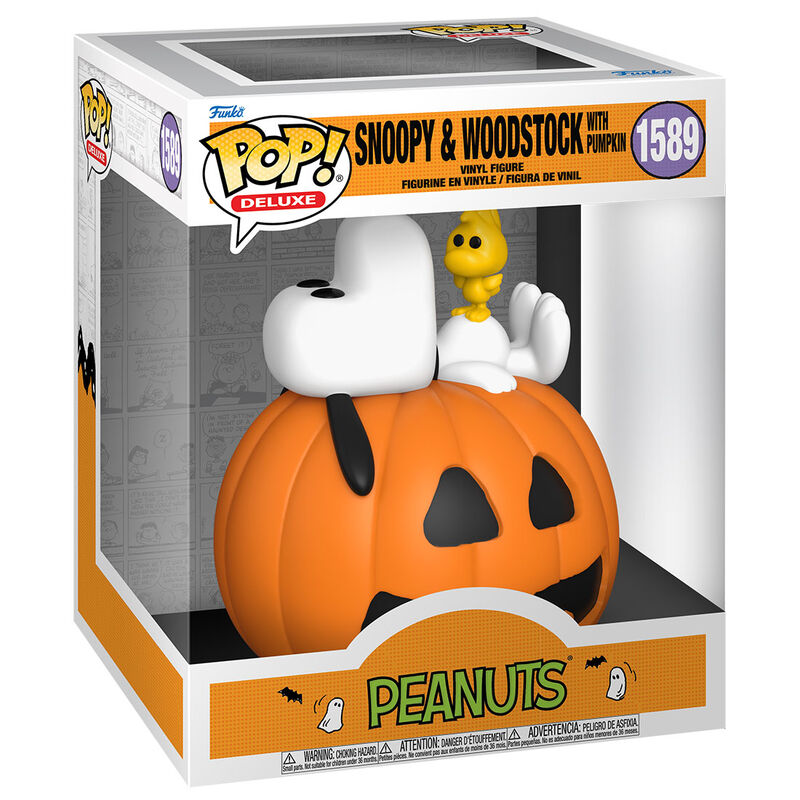 Figurine Funko POP Deluxe de Snoopy tenant une citrouille orange sur fond blanc