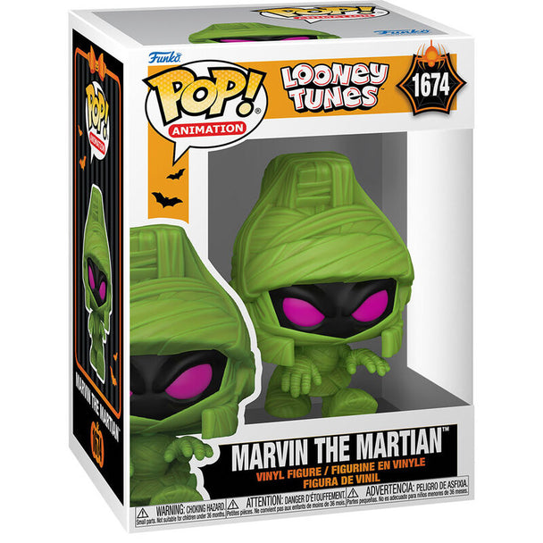 Figurine Funko POP Marvin le Martien de Looney Tunes en vinyle, vue de face avec détails colorés et boîte cadeau.