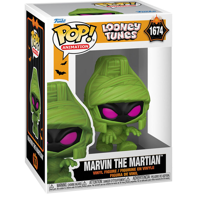 Figurine Funko POP Marvin le Martien de Looney Tunes en vinyle, vue de face avec détails colorés et boîte cadeau.
