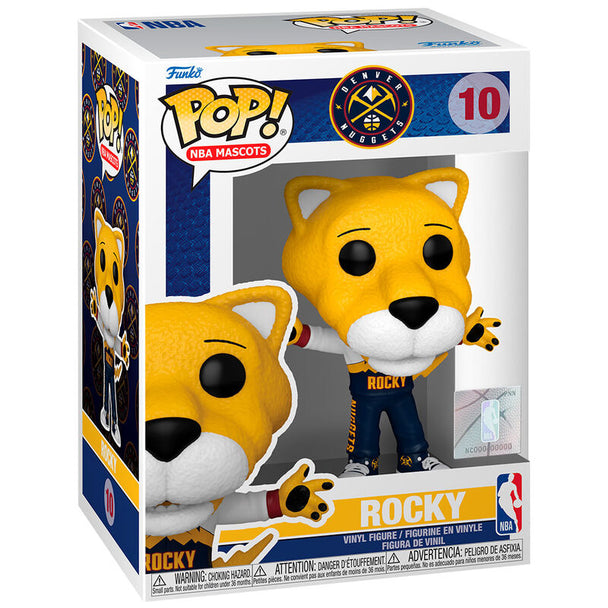 Figurine Funko POP en vinyle de Rocky, mascotte des Denver Nuggets NBA, présentée dans sa boîte cadeau