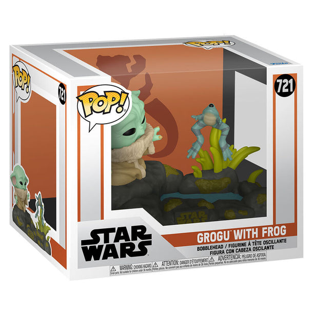Figurine Funko POP Deluxe de Grogu tenant une grenouille issue de la série Star Wars The Mandalorian, vue de face.