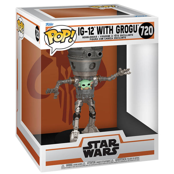 Figurine POP Deluxe IG-12 avec Grogu de la série Star Wars The Mandalorian, vue de face avec détails colorés et finition brillante FUNKO