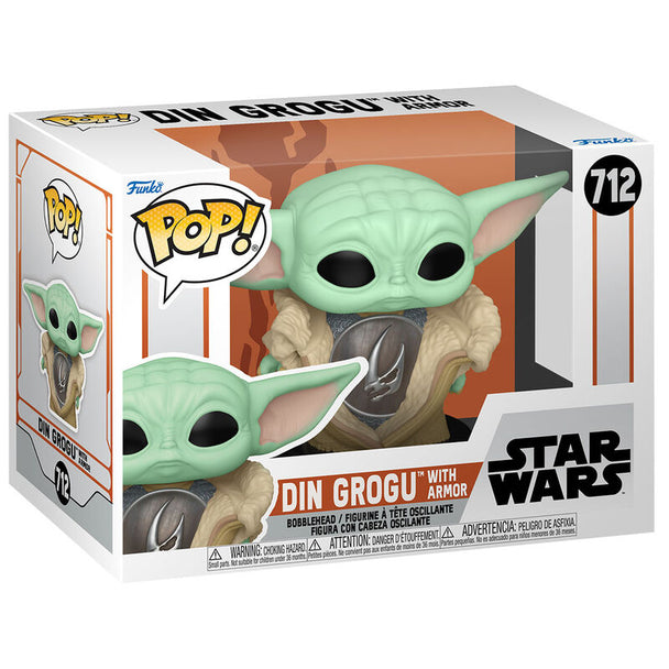 Figurine Funko POP de Din Grogu avec armure en vinyle de 9 cm issue de Star Wars The Mandalorian dans sa boîte cadeau.