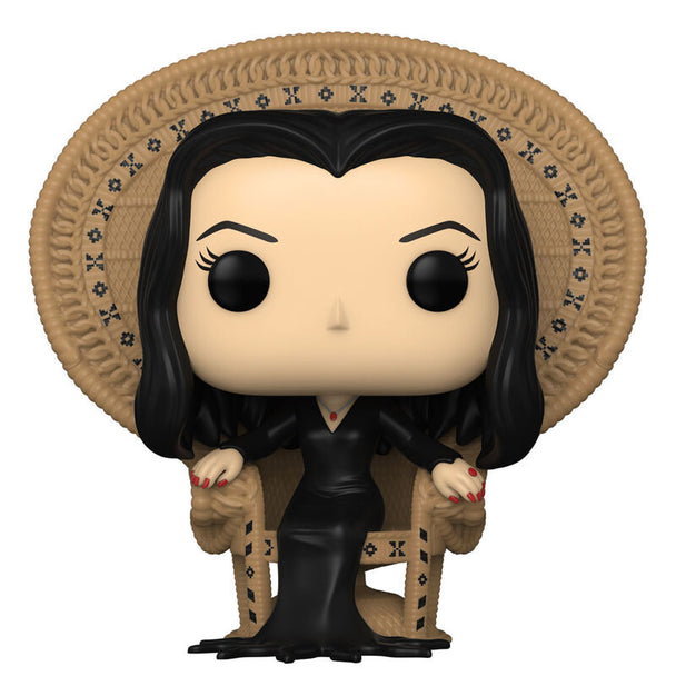 Vue rapprochée de la figurine Funko POP Morticia Addams avec ses détails soignés et son emballage collector.