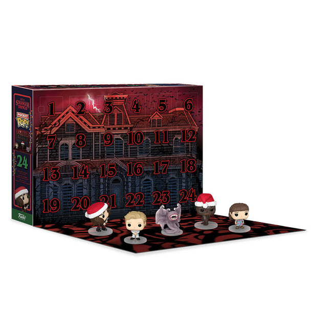 Figurines Pocket Pops exclusives Stranger Things exposées à côté du calendrier de l'Avent