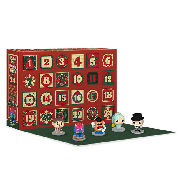 Figurines Funko Pocket Pops Disney et Hasbro exposées à côté du calendrier de l'Avent 2024