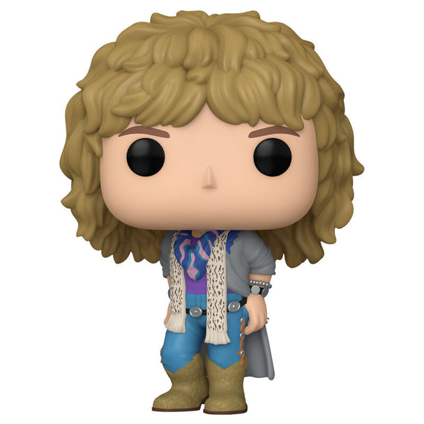 Vue rapprochée de la figurine Funko POP Jon Bon Jovi 1980 montrant les détails du visage et du costume