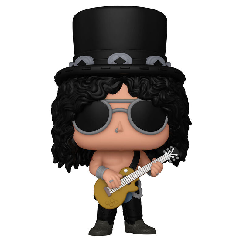 Détail de la figurine Funko POP Slash avec son chapeau iconique et sa guitare, présentée dans son emballage collector