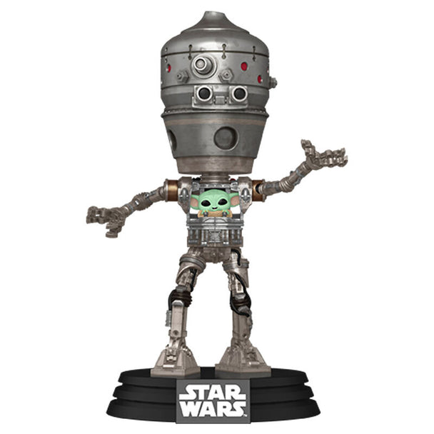 Figurine POP Deluxe Star Wars The Mandalorian IG-12 avec Grogu, prise de côté montrant les détails précis et la qualité de fabrication FUNKO
