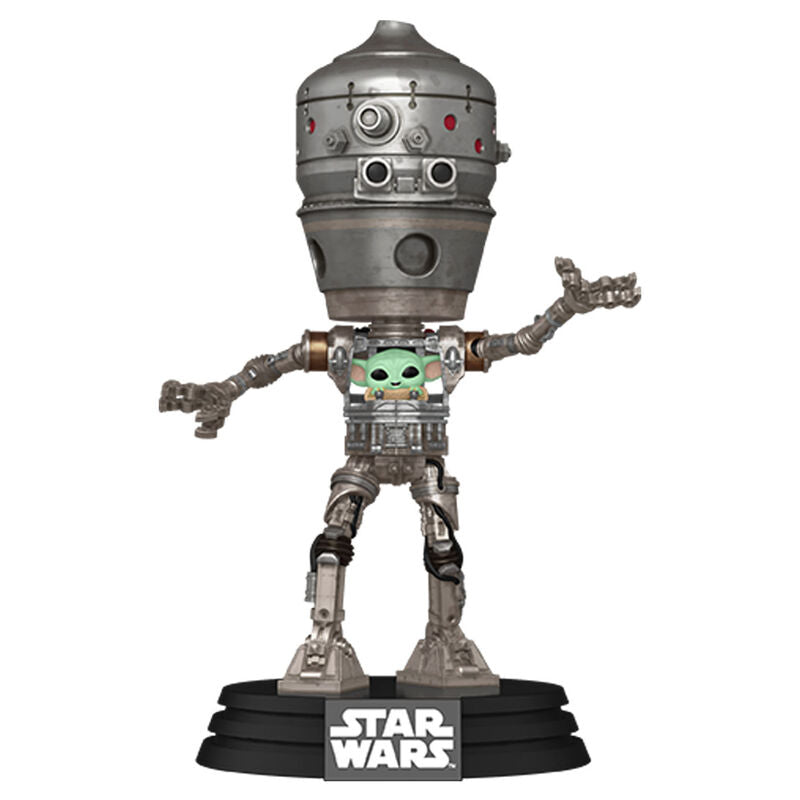 Figurine POP Deluxe Star Wars The Mandalorian IG-12 avec Grogu, prise de côté montrant les détails précis et la qualité de fabrication FUNKO