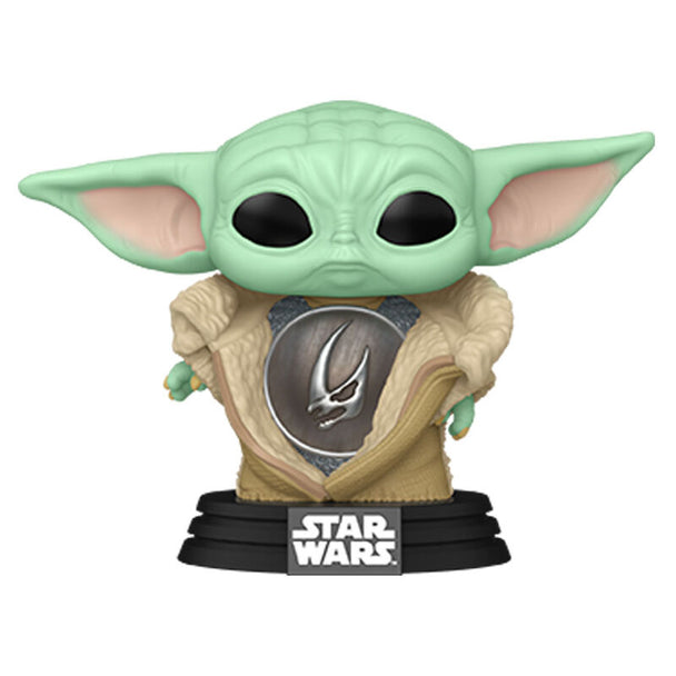 Vue rapprochée de la figurine Din Grogu avec armure Funko POP, montrant les détails et la finition soignée du vinyle.