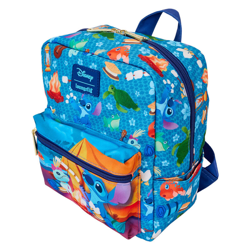Détail des finitions en métal doré brillant sur le sac à dos Loungefly Stitch Camping Cuties