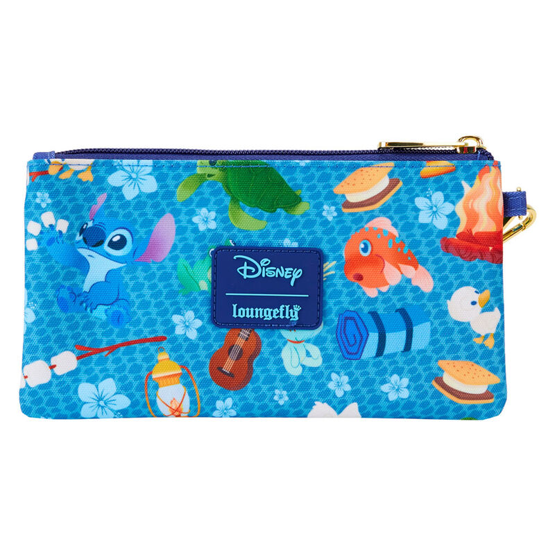 Intérieur du portefeuille Loungefly Stitch Camping Cuties montrant trois emplacements pour cartes et doublure imprimée.