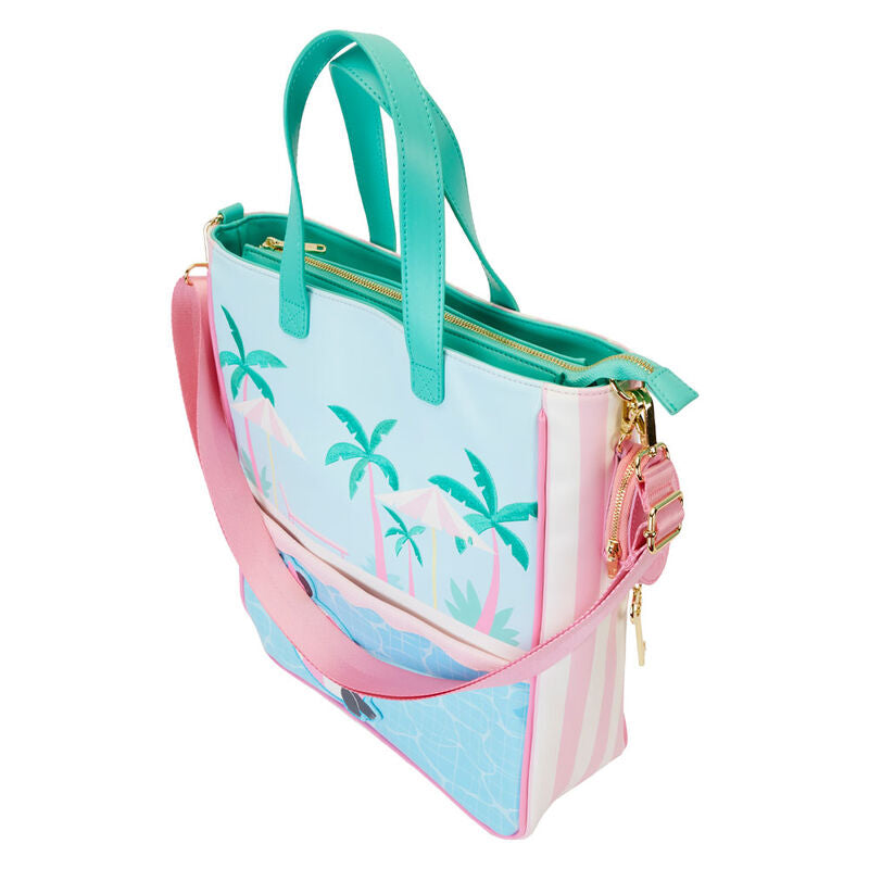 Gros plan sur les détails brodés et appliqués du sac cabas Minnie Mouse Loungefly