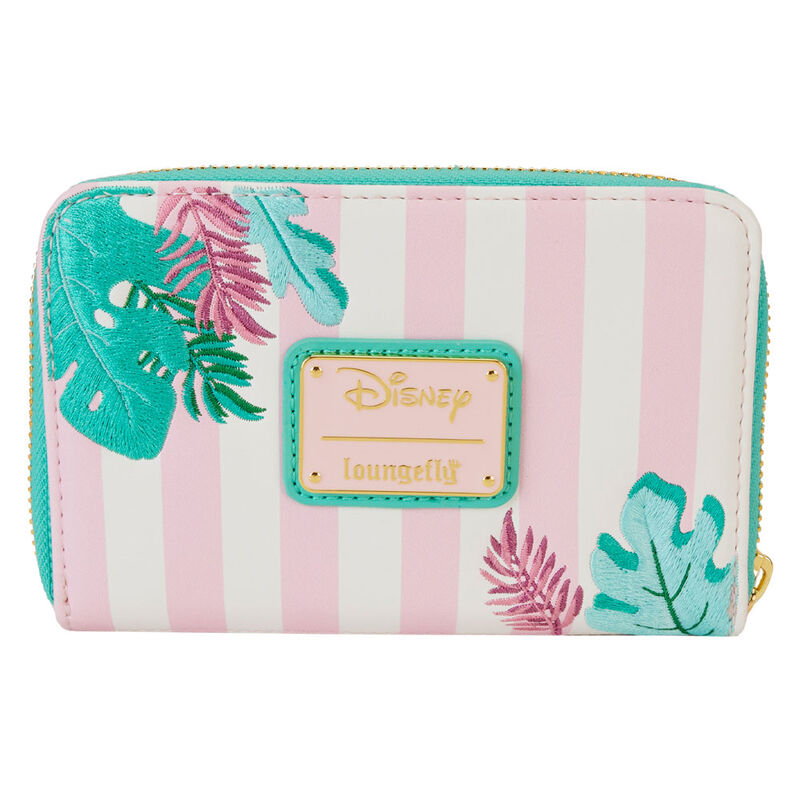 Détail brodé et imprimé du portefeuille Loungefly Minnie Mouse sur cuir vegan marron clair