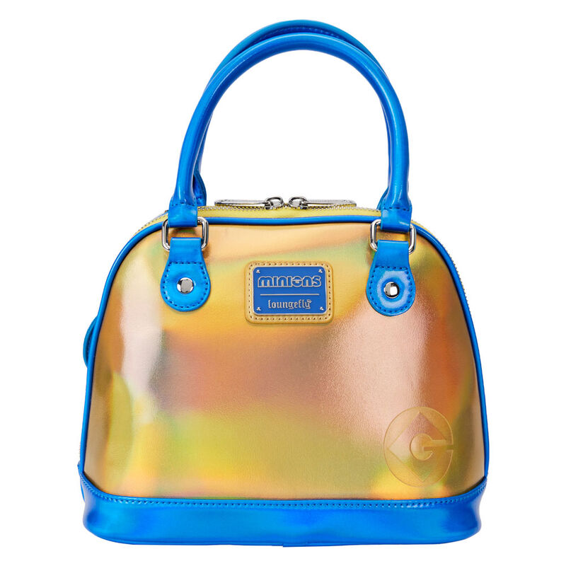 Intérieur du sac Loungefly Minions avec doublure coordonnée visible et charm en cuir vegan