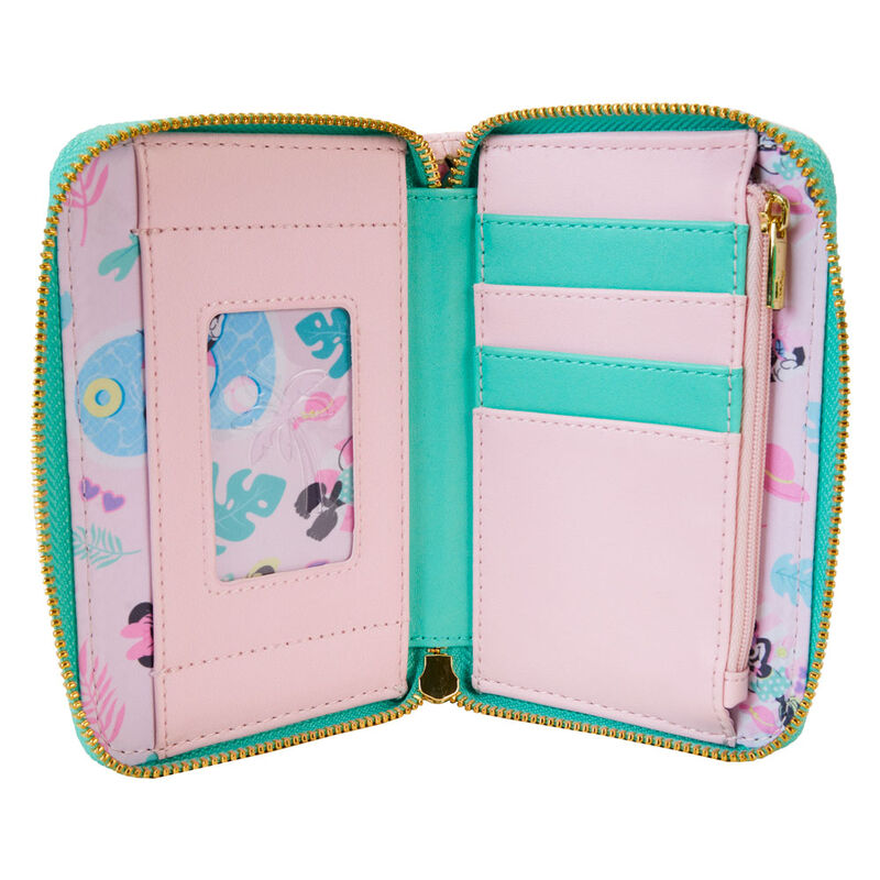 Portefeuille Loungefly Minnie Mouse posé sur fond clair montrant ses dimensions compactes et design élégant