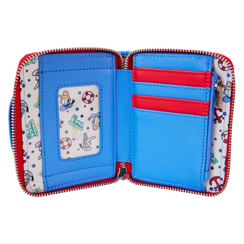 Présentation du portefeuille Loungefly Donald Duck 90e anniversaire ouvert sur fond blanc